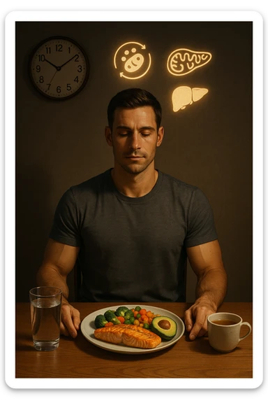 A realistic, cinematic illustration of a healthy, fit man in his early 30s with a calm, disciplined expression, sitting at a clean wooden table in the evening with a single, balanced, nutrient-dense meal in front of him (grilled salmon, colorful vegetables, avocado). The rest of the day he drinks only water and herbal tea, visible in a glass and a simple cup on the side. A wall clock in the background shows 6:00 PM, emphasizing that this is his only meal of the day (OMAD). Subtle glowing icons above him display a regenerating cell, mitochondria, and a liver symbol, representing autophagy, longevity, and health benefits of OMAD. The lighting is warm, with cinematic shadows and natural tones, creating a sense of discipline, mental clarity, and health optimization. The man looks centered and content, showing that OMAD is a conscious choice for energy and regeneration, not restrizione. The scene is realistic with slight film grain for depth sticker