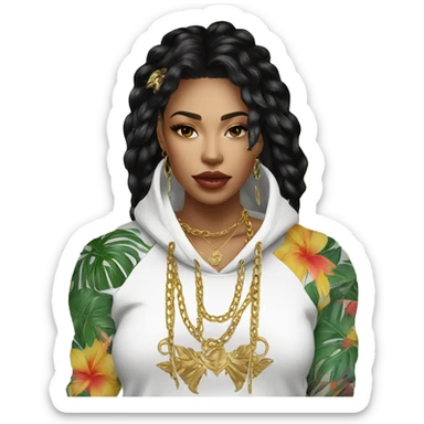 Trendy lady tropical baroque hoodie with tattoos and gold chain sticker
