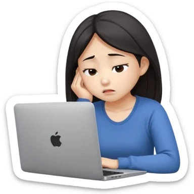 Create an emoji of a tired girl of Asian descent, sitting at a laptop, looking exhausted and frustrated. They have slouched posture, representing overwork and burnout. sticker