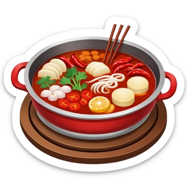 Sichuan Hot Pot with spicy red broth and ingredients, simplified emoji style with bold outlines and bright colors, cartoon style traditional Chinese divided hot pot sticker