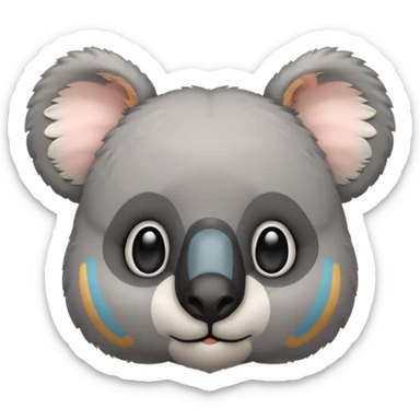 Head of a grey koala, round face, big fluffy ears, large black nose, front-facing, cute and simple style sticker