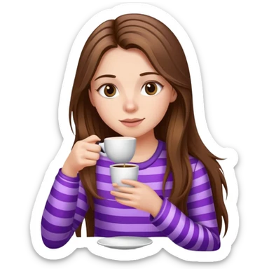 girl with long brown hair sipping coffee in purple striped pajamas sticker
