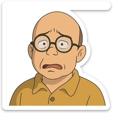 ghibli style bald guy with glasses, looking dumb sticker