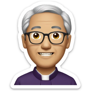 older hmong catholic priest with wrinkles with black hair, smiling with teeth and glasses, no beard or mustache sticker
