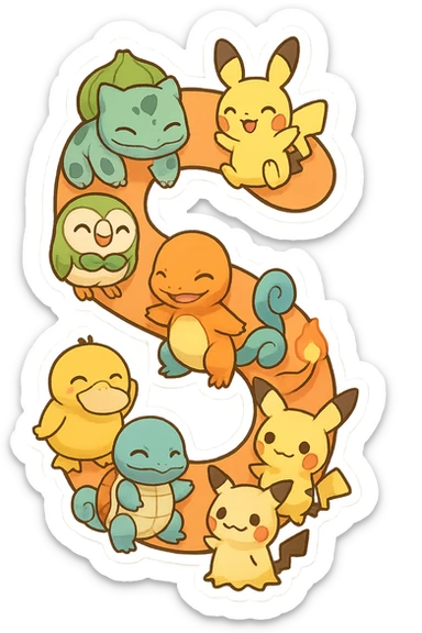 The letter S formed out of various Pokémon characters, playful and colorful style, vibrant and fun sticker
