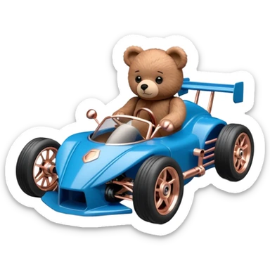 dar crystal blue and rosegold-accented rc racing car driven by a small evil scary teddy bear with rear spoiler, safety cage, and wheely bar sticker