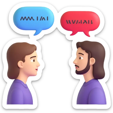 two people facing each other, speech bubbles with different scripts, e.g., Latin and Arabic sticker
