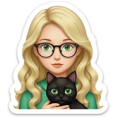 Girl with glasses and long wavy blonde hair and green eyes holding a black cat sticker