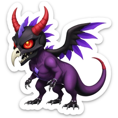 Shiny Dark Edgy  Duskull-Noivern-Incineroar-Salandit-Inteleon-Amaura-Fakémon-hybrid-creature (full body) with a horned bird-skull-mask sticker