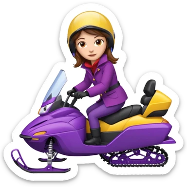 Brown hair Woman wearing red coat  on purple and yellow snowmobile sticker