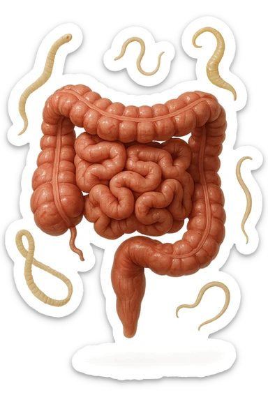 INTESTINO UMANO ANATOMICO REALISTICO FLUTTUA IN ARIA INSIEME A PARASSITI COME LA TENIA, SFONDO CHIARO, iperrealistico 4k sticker