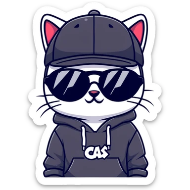 cat wearing a black snapback cap and black hoodie, with black sunglasses positioned low on his nose, looking directly at the viewer over the top of his sunglasses with a cool expression, doing graffiti with spray paint sticker