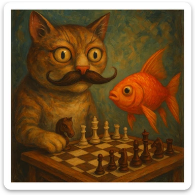 absurd surreal style cat with a human mustache playing chess with a goldfish sticker