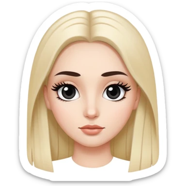 White girl with long oval face, huge round black eyes, big eyelashes, no makeup, natural lips, long straight black middle-parted hair sticker