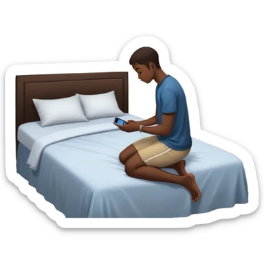 A Gen Z young person kneeling beside bed in bedroom at night praying, smartphone on nightstand, wearing casual clothes, dim lighting, posters on wall sticker