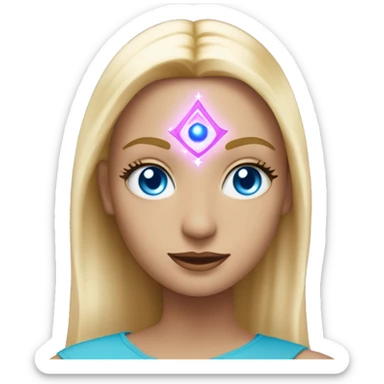 magical diva with thin pink andromedan face long blonde hair and blue eyes glowing third eye sticker