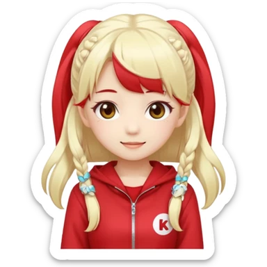 Cute kawaii emoji-style Japanese K-pop girl, long platinum blonde hair in twin tails, red outfit, Japanese K-pop idol vibes, big sparkling eyes, chibi proportions, clean lineart, pastel colors, cheerful idol smile, sticker/emoji style, transparent background sticker