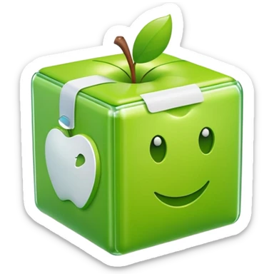 large cube-shaped box wrapped in bright green plastic with white labels, apple style emoji, inspired by reference photo sticker