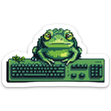 Pepe the frog meme character coding on computer, green frog with sad eyes typing on keyboard sticker