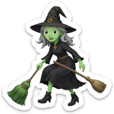 Traditional old witch, green skin, big nose, black dress, riding a broom emoji sticker