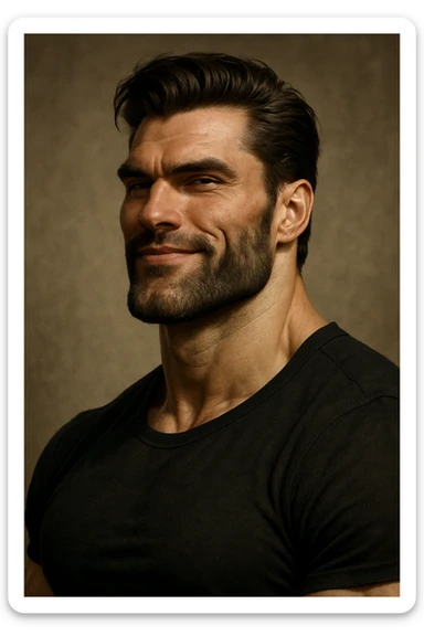 Gigachad, hyper-masculine meme character, confident expression, detailed jawline, iconic look sticker