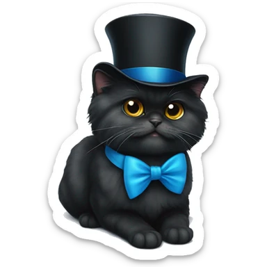 a black persian cat with a tophat and blue bow tie sticker