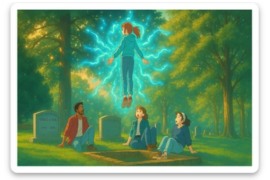 Max from Stranger Things levitating above a grave in a cemetery, friends watching from the ground, Ghibli style, wide aspect ratio (16:9), supernatural glowing effects around Max, expressive and cinematic atmosphere. sticker