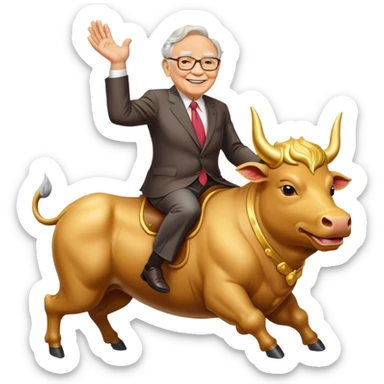 happy Warren Buffet riding golden bull sticker