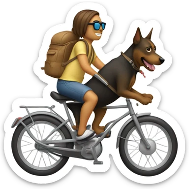 Human riding a bike with a backpack. Put the dog in the humans backpack. There’s a dog in the backpack and it is wearing sunglasses  sticker