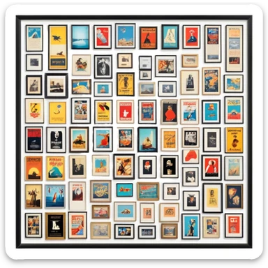 Icon for Photograph and Poster Collecting: a collection of photographs and movie posters, neatly displayed on a wall or in frames. The icon should evoke the nostalgia and artistic value of collecting rare images and posters. Transparent background. sticker