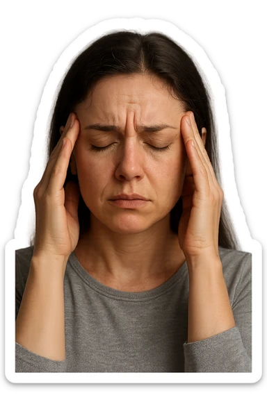 donna con  espressione ansiosa che si tocca le tempie con gli occhi chiusi, iperrealistiche 4k sticker