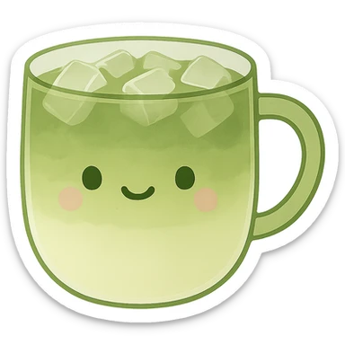 Add ice cubes to the cute matcha latte in the see-through cup, keep the gentle green and milk gradient, minimal and modern style, no background. Maintain the minimal and modern aesthetic with a smooth gradient and transparent cup. sticker