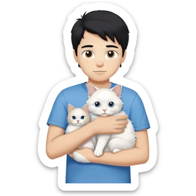 teenage boy with black hair wearing blue short sleeve shirt holding a white ragdoll cat sticker