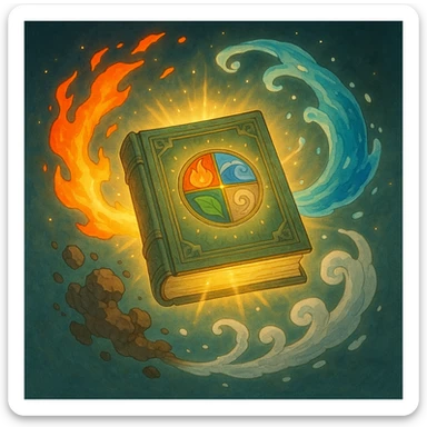 an ancient book with elemental motifs, floating and radiating magical light, with fire, water, earth, and air swirling around, in a ghibli-inspired style sticker