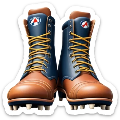 Cinematic Realistic image of a pair of AFL boots, showcasing detailed leather stitching and a rugged sole with fine cleat impressions, captured against a blurred stadium background with high-energy, dynamic lighting sticker