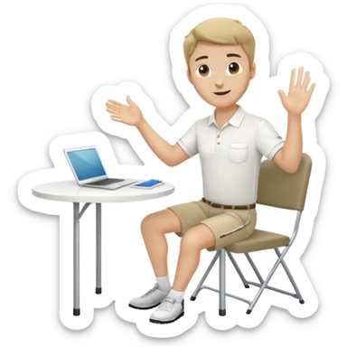 Pool attendant. white polo shirt. khaki shorts. waving. Sitting at white folding table. folder on table sticker