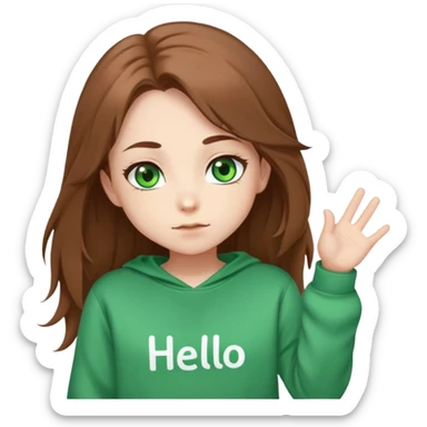Chibi girl with green eyes, long brown unruly hair, S-With shaped eyebrows. Dressed in a sweatshirt. Says hello.  sticker