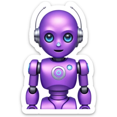 Cute mini robot character, purple body, white C symbol on the chest, soft neon glow, simple face with two bright blue eyes sticker