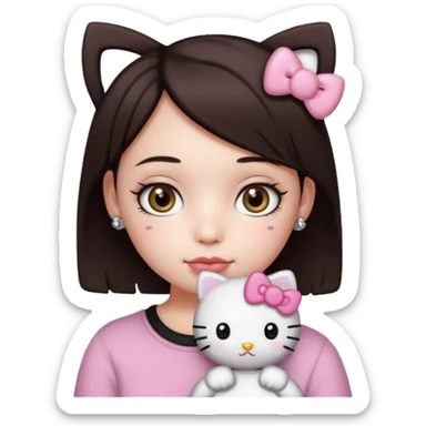 Chica con pelo corto y castaño oscuro, piel blanca, ojos hazel y pestañas largas, un piercing septum redondo pequeño y un filtro de hello kitty sticker