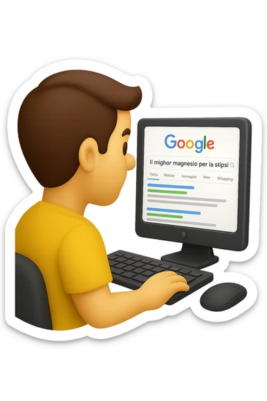 emoji stile iphone di un uomo davanti al pc che cerca di google: "Il miglior magnesio per la stipsi", iperrealistico 4k sticker