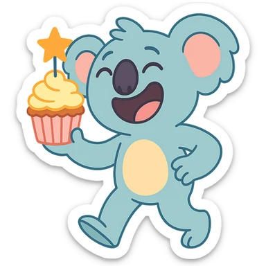 full-body laughing koala holding cupcake with star candle, pastel-toon style sticker