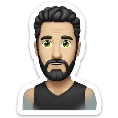 white man with black hair in a bun and black beard with green eyes sticker