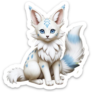Albino-white, blue-eyed soft natural realistic romantic vintage antique divine beautiful elegant pretty precious cute young youthful  Fakémon-Pokémon-feline-Zeraora-Jolteon-serval-caracal-chinchilla-Minccino-Cinccino-Meowstic-rodent-hybrid-creature with a big fluffy bushy tail (full body) sticker