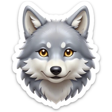 Cinematic Cute Wolf Portrait Emoji, Head tilted playfully and inquisitively, featuring a lustrous grey and white Fur with a wild, natural sheen, round, sparkling eyes filled with curious mischief, Simplified yet irresistibly adorable features, highly detailed, glowing with a warm, friendly glow, high shine, affectionate yet spirited, stylized with a touch of wilderness whimsy, bright and endearing, soft glowing outline, capturing the essence of a mischievous yet loving wolf, so playful it feels like it could bound out of the screen and into your arms! sticker