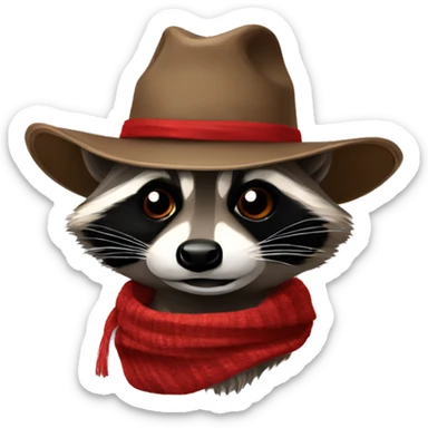 Raccoon with cowboy hat. raccoon with red and black Scarf wrapped around the neck sticker