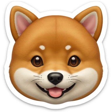 Head of a Shiba Inu dog in Apple emoji style, orange-brown fur with white muzzle and cheeks, round face, big black eyes, perky ears, grinning with closed mouth, no tongue, front-facing, glossy texture, soft shadows
 sticker