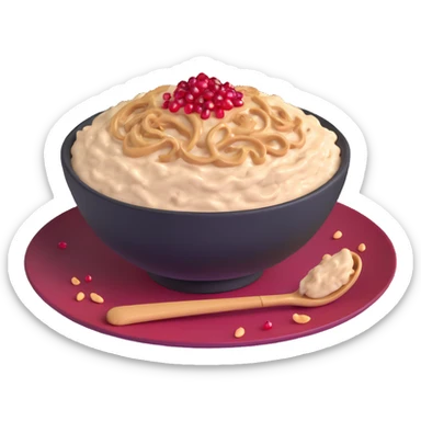 bowl of creamy oatmeal topped with swirls of peanut butter, shredded coconut, and ruby red pomegranate seeds sticker