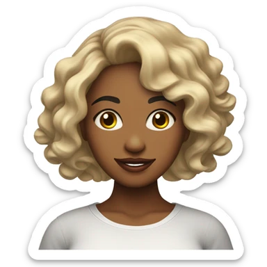 Mujer de cabello rizado con camisa con la palabra SHEIN sticker