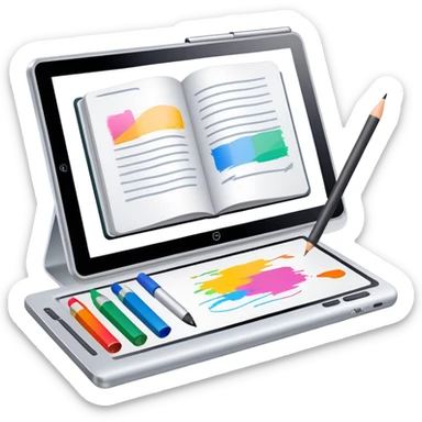 Colourfull Illustration icon, pencil, paintbrush, gel pen, graphic tablet or monitor with digital illustration, open book with sketches, minimalistic style, clean lines, transparent background. sticker