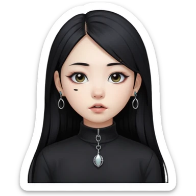 goth Asian girl, straight long black hair, vertical labret lip piercing, black mock neck shirt sticker